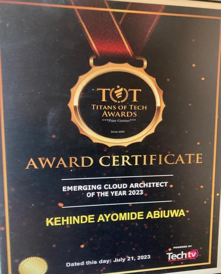 Titans of Tech award certificate: Emerging Cloud Architect of the Year 2023, Kehinde Ayomide Abiuwa
